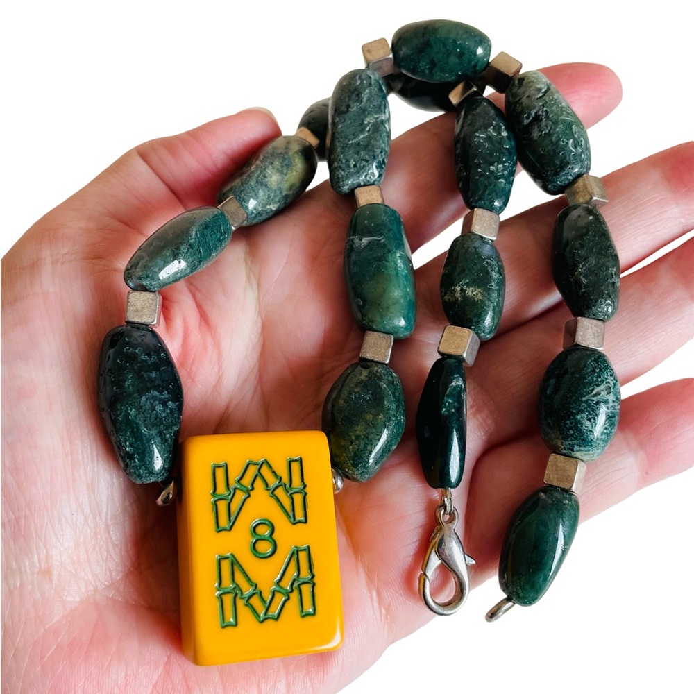 Vintage Green Agate & Silver Beaded Necklace With Bakelite Mahjong Tile Pendant